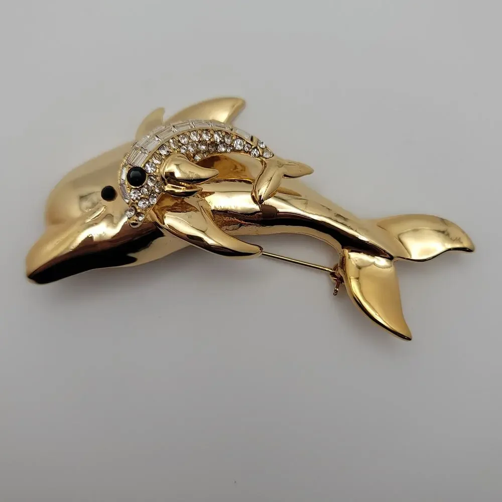 Vintage Gold-tone Dual Leaping Dolphins Trembler Baguette Round Rhinestones
